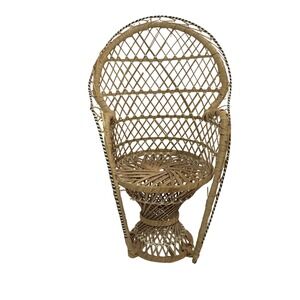 Vintage Miniature Peacock Chair Woven Rattan Wicker Boho Doll Furniture 15.5in
